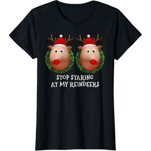 Women's Xmas Sweater Reindeer Boobs Funny Ugly Christmas Short Sleeve